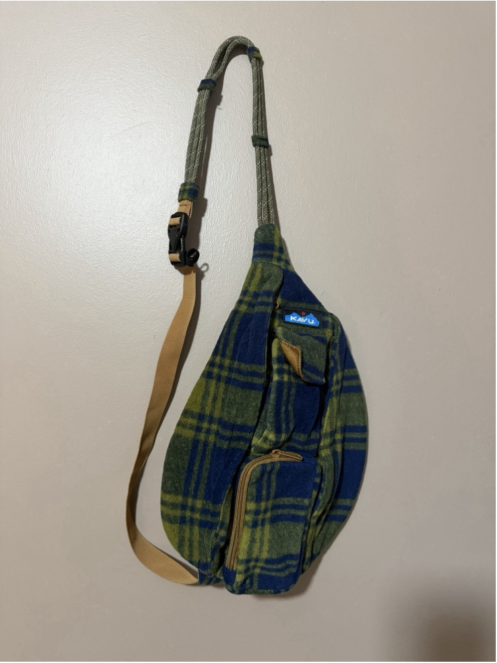 KAVU Plaid Fleece Sling Bag Green/Blue Zip 3 Pockets Adjustable Strap